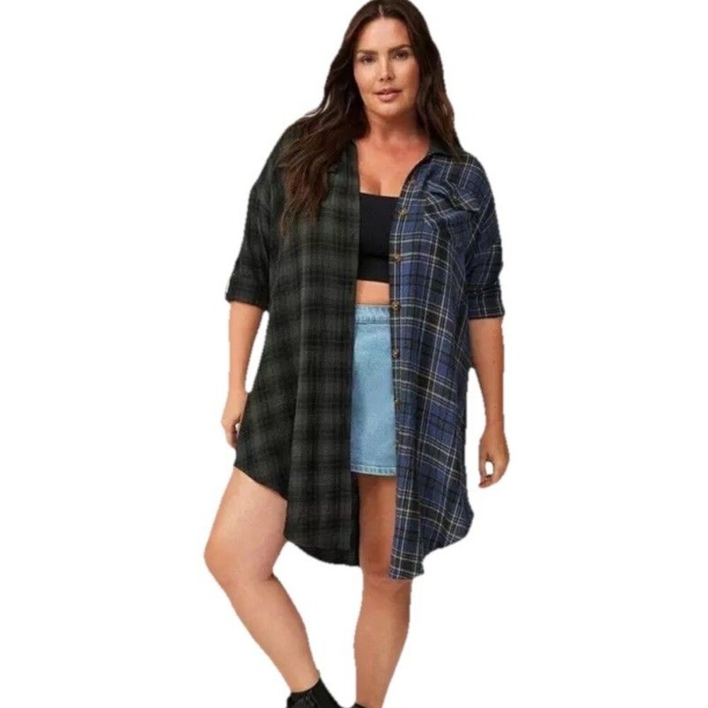 Torrid Shirt Dress Oversized Womens Sz 4x Plaid Flannel Gauze Roll Tab Sleeves